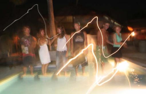 Party in mainski's beachfront swimming pool. Nusa Lembongan, Bali.