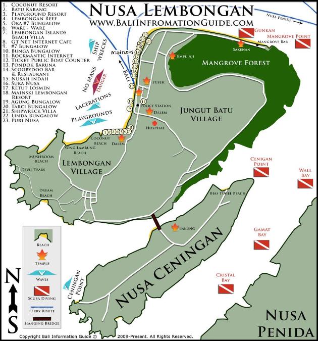 Nusa Lembongan Hotels. Map